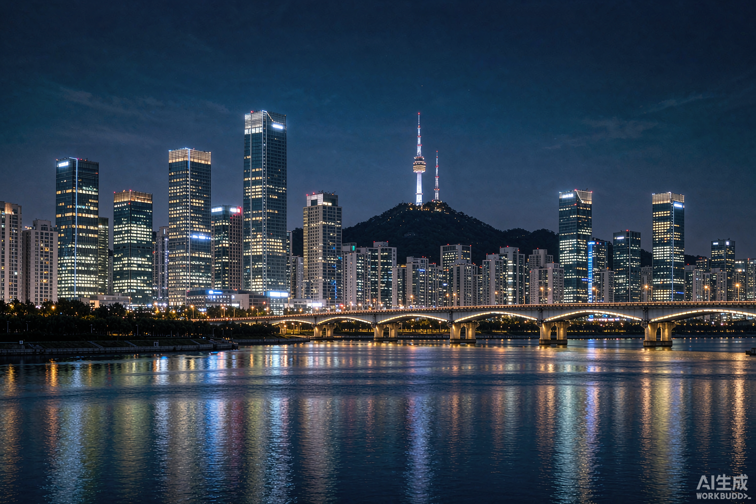 Seoul, South Korea Han River skyline at blue hour